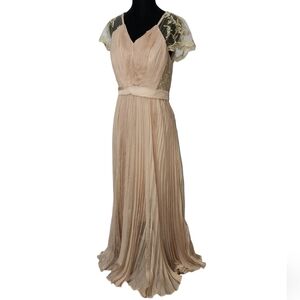 Lace blush pink long formal pleated dress